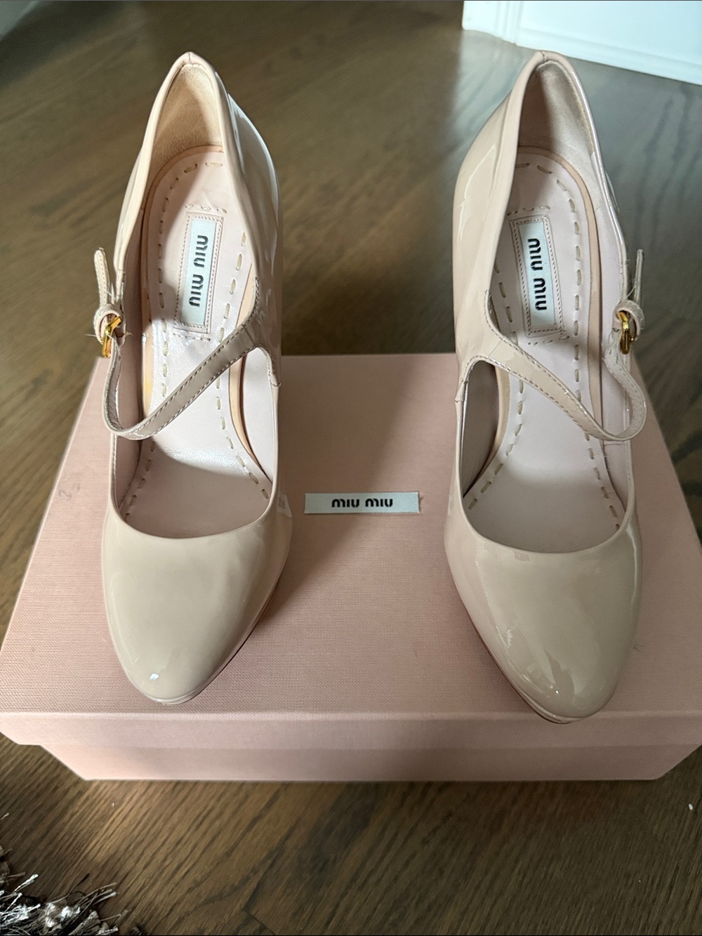 Miu Miu Blush Patent Leather Mary Jane Pumps with Gold Buckle